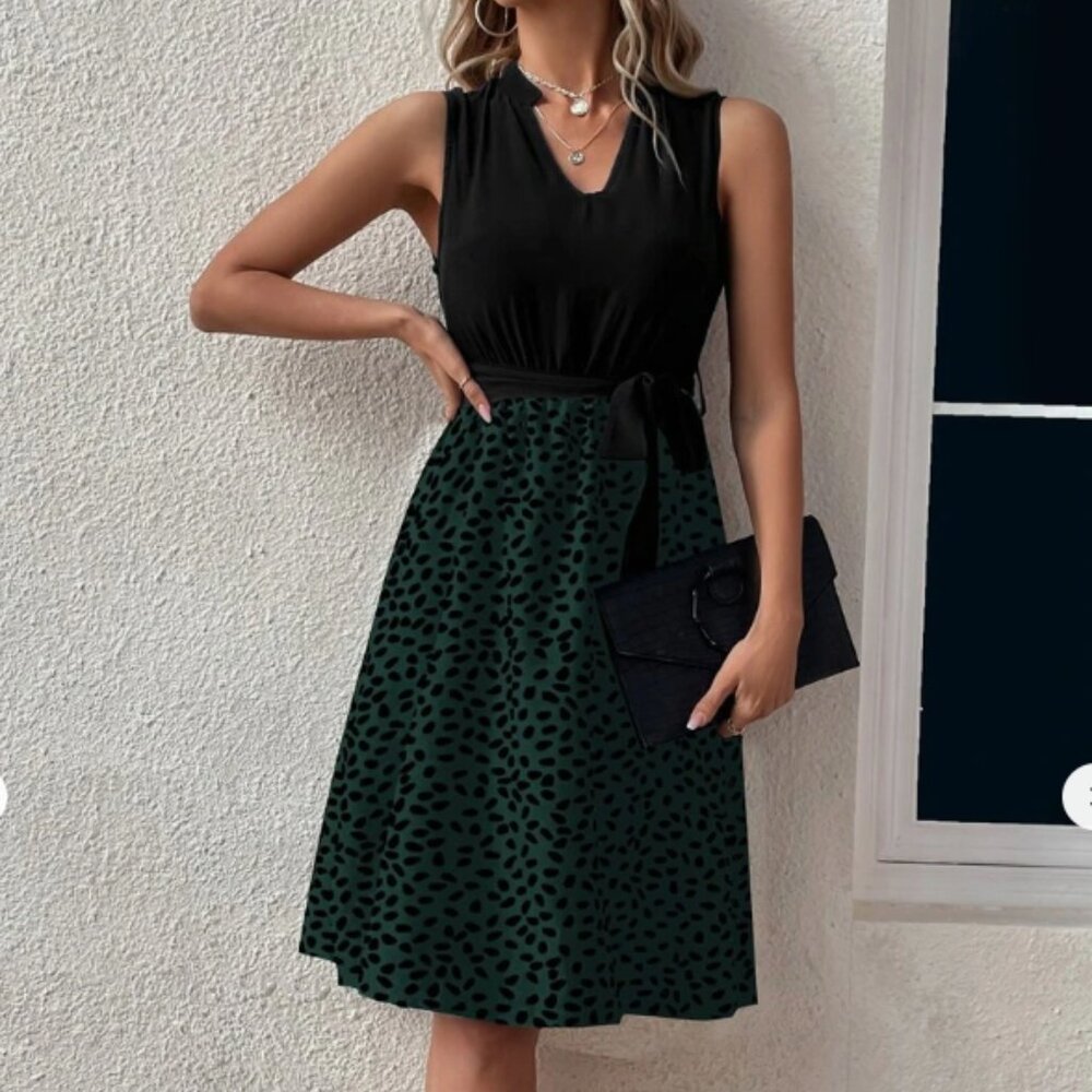 Dalmatian Print Notched Neck Belted Dress, Size 12
